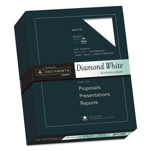 Image of Southworth® 31-224-10 25% Cotton Diamond White Business Paper, 95 Bright, 24 lb Bond Weight, 8.5 x 11, 500/Ream