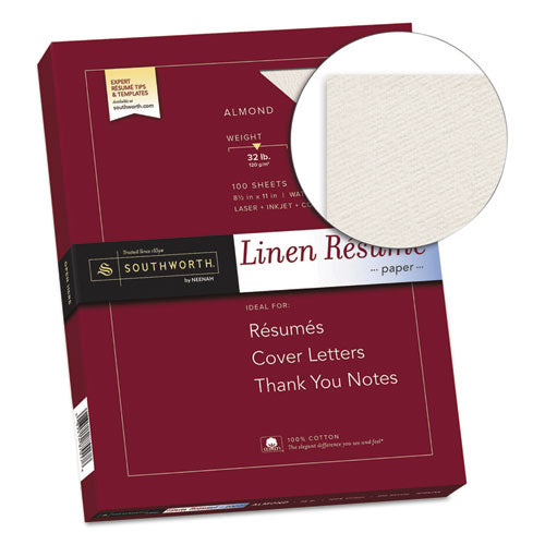 Image of Southworth® RD18ACFLN 100% Cotton Premium Weight Linen Resume Paper, 32 lb Bond Weight, 8.5 x 11, Almond, 100/Pack