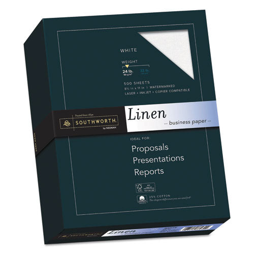 Image of Southworth® 554C 25% Cotton Linen Business Paper, 91 Bright, 24 lb Bond Weight, 8.5 x 11, White, 500/Ream