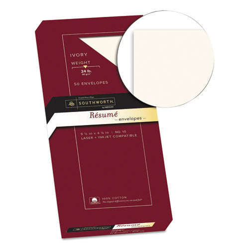 Image of SouthworthÂ® 100% Cotton Resume Envelope, #10, Commercial Flap, Gummed Closure, 4.13 X 9.5, Ivory, 50/box