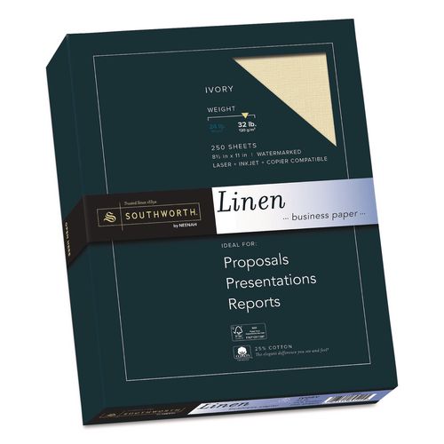 Image of Southworth® J568C 25% Cotton Linen Business Paper, 32 lb Bond Weight, 8.5 x 11, Ivory, 250/Pack