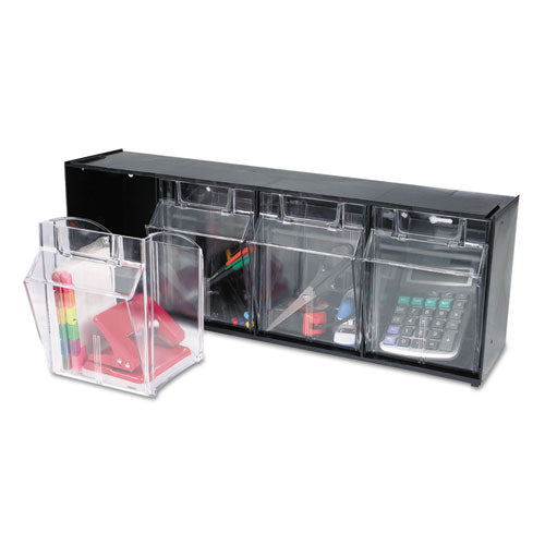 Image of deflecto® 20404OP Tilt Bin Interlocking Multi-Bin Storage Organizer, 4 Sections, 23.63" X 6.63" X 8.13", Black/clear