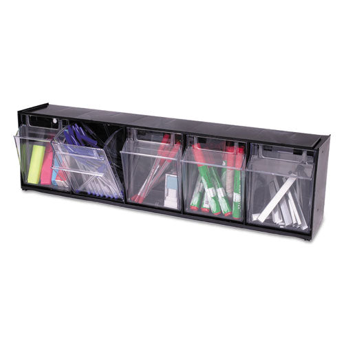 Image of deflecto® 20504OP Tilt Bin Interlocking Multi-Bin Storage Organizer, 5 Sections, 23.63" X 5.25" X 6.5", Black/clear