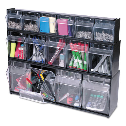 Image of deflecto® 20504OP Tilt Bin Interlocking Multi-Bin Storage Organizer, 5 Sections, 23.63" X 5.25" X 6.5", Black/clear