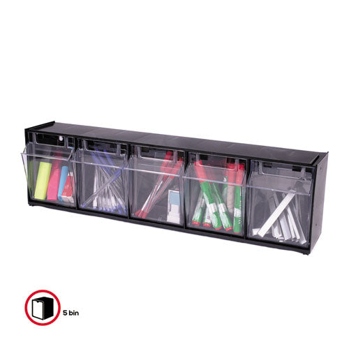 Image of deflecto® 20504OP Tilt Bin Interlocking Multi-Bin Storage Organizer, 5 Sections, 23.63" X 5.25" X 6.5", Black/clear