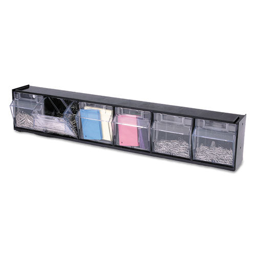 Image of deflecto® 20604OP Tilt Bin Interlocking Multi-Bin Storage Organizer, 6 Sections, 23.63" X 3.63" X 4.5", Black/clear