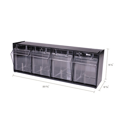 Image of deflecto® 20404OP Tilt Bin Interlocking Multi-Bin Storage Organizer, 4 Sections, 23.63" X 6.63" X 8.13", Black/clear