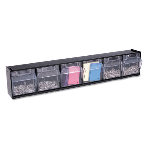 Image of deflecto® 20604OP Tilt Bin Interlocking Multi-Bin Storage Organizer, 6 Sections, 23.63" X 3.63" X 4.5", Black/clear