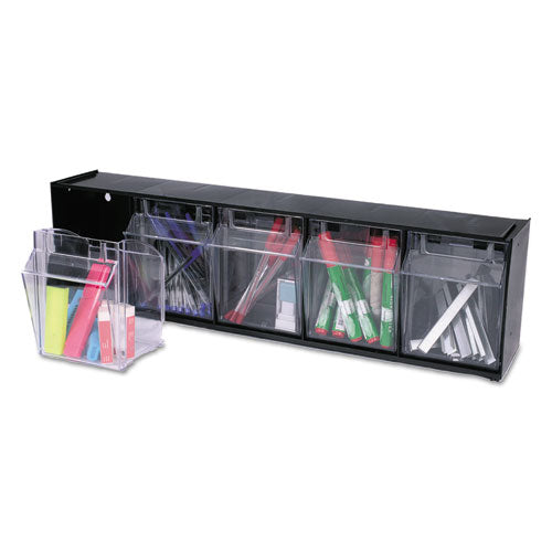Image of deflecto® 20504OP Tilt Bin Interlocking Multi-Bin Storage Organizer, 5 Sections, 23.63" X 5.25" X 6.5", Black/clear