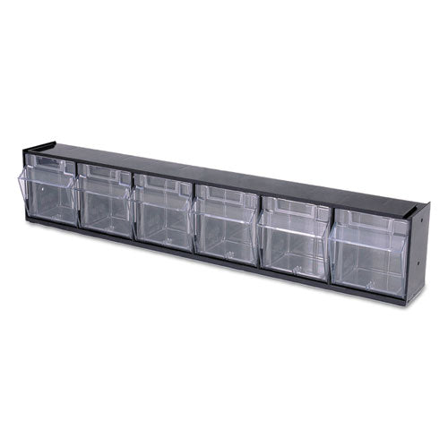 Image of deflecto® 20604OP Tilt Bin Interlocking Multi-Bin Storage Organizer, 6 Sections, 23.63" X 3.63" X 4.5", Black/clear