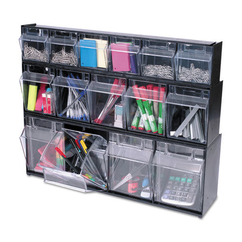 Image of deflecto® 20604OP Tilt Bin Interlocking Multi-Bin Storage Organizer, 6 Sections, 23.63" X 3.63" X 4.5", Black/clear