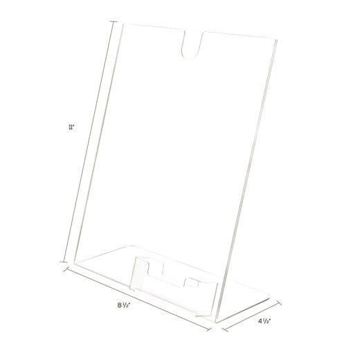 Image of deflecto® 590601 Superior Image Slanted Sign Holder with Business Card Holder, 8.5w x 4.5d x 11h, Clear