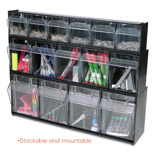 Image of deflecto® 20404OP Tilt Bin Interlocking Multi-Bin Storage Organizer, 4 Sections, 23.63" X 6.63" X 8.13", Black/clear
