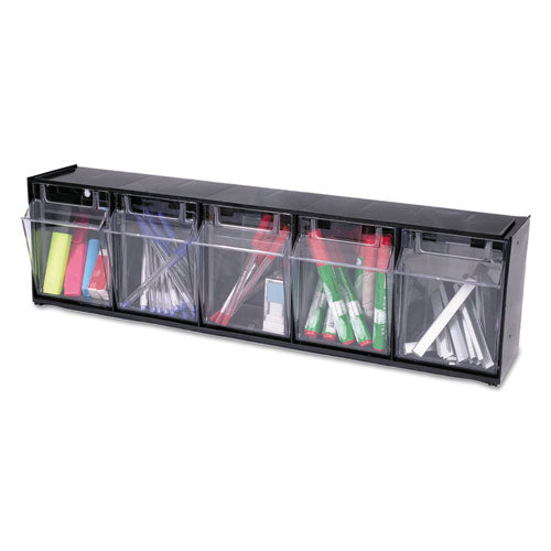Image of deflecto® 20504OP Tilt Bin Interlocking Multi-Bin Storage Organizer, 5 Sections, 23.63" X 5.25" X 6.5", Black/clear