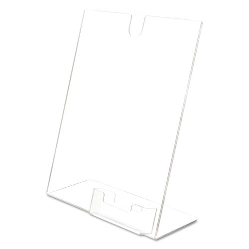 Image of deflecto® 590601 Superior Image Slanted Sign Holder with Business Card Holder, 8.5w x 4.5d x 11h, Clear