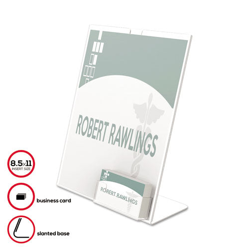 Image of deflecto® 590601 Superior Image Slanted Sign Holder with Business Card Holder, 8.5w x 4.5d x 11h, Clear