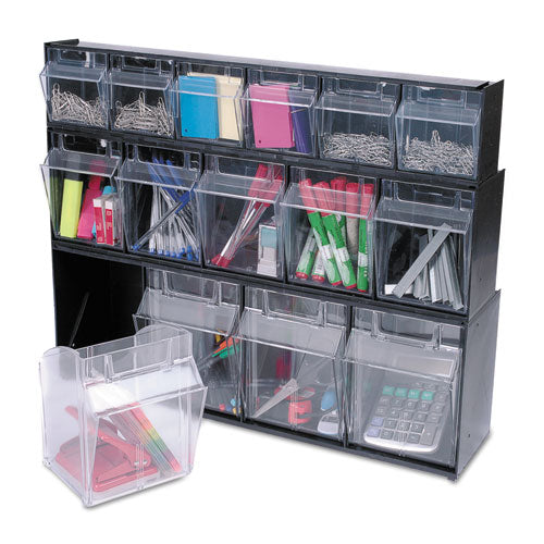Image of deflecto® 20404OP Tilt Bin Interlocking Multi-Bin Storage Organizer, 4 Sections, 23.63" X 6.63" X 8.13", Black/clear