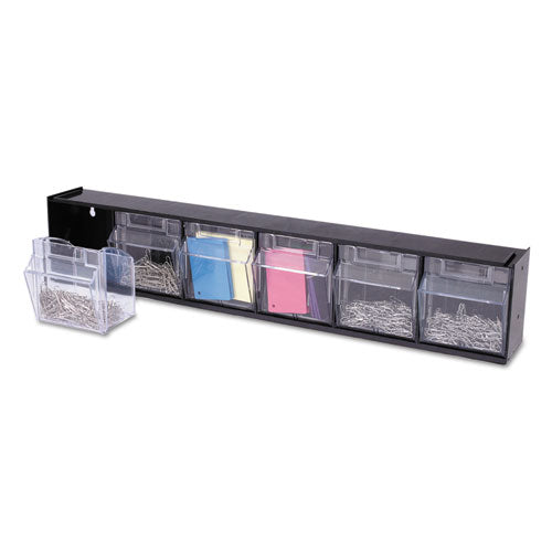 Image of deflecto® 20604OP Tilt Bin Interlocking Multi-Bin Storage Organizer, 6 Sections, 23.63" X 3.63" X 4.5", Black/clear