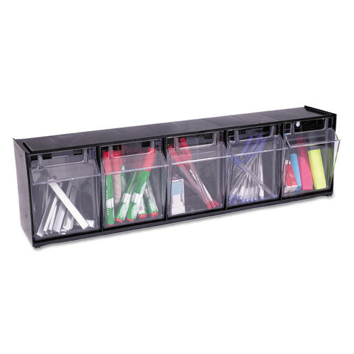Image of deflecto® 20504OP Tilt Bin Interlocking Multi-Bin Storage Organizer, 5 Sections, 23.63" X 5.25" X 6.5", Black/clear