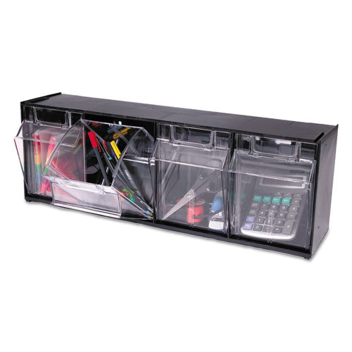 Image of deflecto® 20404OP Tilt Bin Interlocking Multi-Bin Storage Organizer, 4 Sections, 23.63" X 6.63" X 8.13", Black/clear