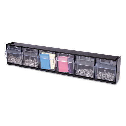 Image of deflecto® 20604OP Tilt Bin Interlocking Multi-Bin Storage Organizer, 6 Sections, 23.63" X 3.63" X 4.5", Black/clear