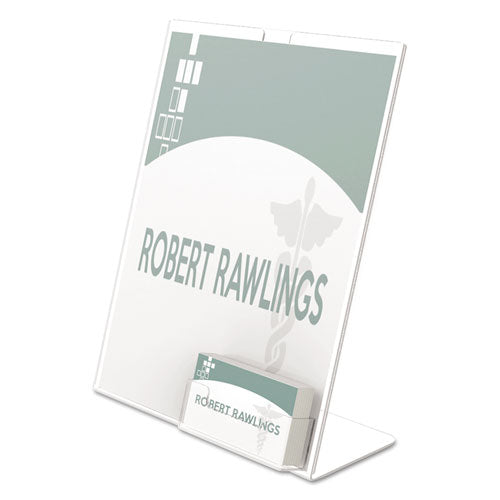 Image of deflecto® 590601 Superior Image Slanted Sign Holder with Business Card Holder, 8.5w x 4.5d x 11h, Clear