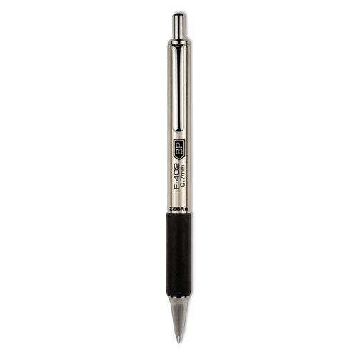 Image of Zebra® 29210 F-402 Ballpoint Pen, Retractable, Fine 0.7 Mm, Black Ink, Stainless Steel/black Barrel