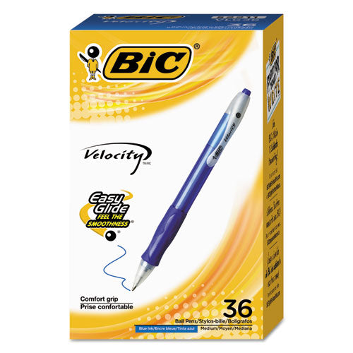 Image of BIC® VLG361-BLU Velocity Easy Glide Ballpoint Pen Value Pack, Retractable, Medium 1 mm, Blue Ink, Translucent Blue Barrel, 36/Pack