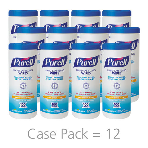 Image of PURELL® 9111-12 Premoistened Hand Sanitizing Wipes, 5.78 x 7, Fresh Citrus, White, 100/Canister, 12 Canisters/Carton
