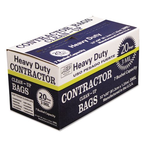 Image of AEP® Industries Inc. 1506754 Heavy-Duty Contractor Clean-Up Bags, 60 Gal, 3 Mil, 32" X 50", Black, 20/carton