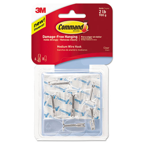 Image of Command 17065CLR-6ES Medium Clear Wire Hooks, Metal Wire, Silver/Clear, Supports 2 lb, 6/Pack
