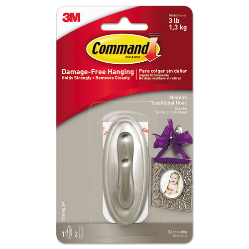 Image of Command 17051BN Medium Traditional Decorative Hooks, Metal, Brushed Nickel, Supports 3 lb