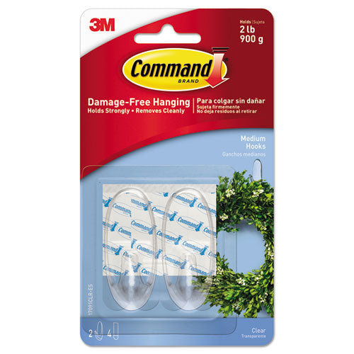 Image of Command 17091CLR-ES Medium Clear Hooks, Plastic, Supports 2 lb, 2/Pack