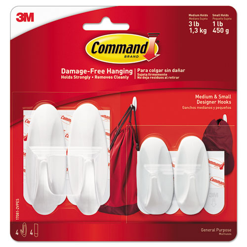 Image of Command 17081-2VPES General Purpose Designer Hooks, Small/Medium, Plastic, White, 1lb and 3 lb Capacities, 4 Hooks and 4 Strips/Pack