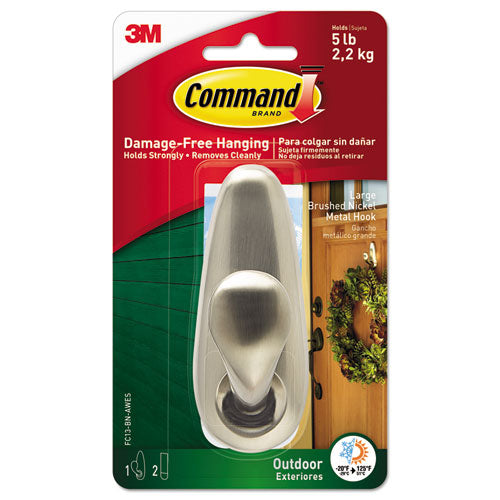 Image of Command FC13BNAW All Weather Hooks and Strips, Large, Metal, Brushed Nickel, 5 lb Capacity, 1 Hook and 2 Strips