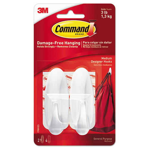 Image of Command 17081ES General Purpose Designer Hooks, Medium, Plastic, White, 3 lb Capacity, 2 Hooks and 4 Strips/Pack