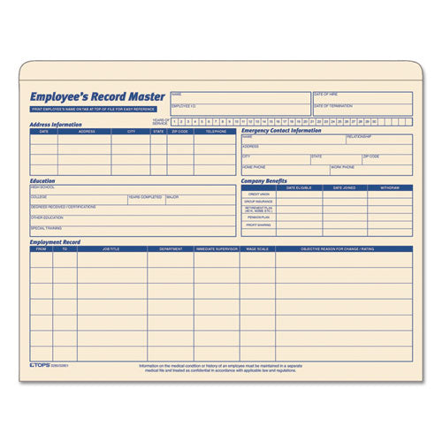 Image of TOPS 3280 Employee Record Master File Jacket, Straight Tab, Letter Size, Manila, 20/pack