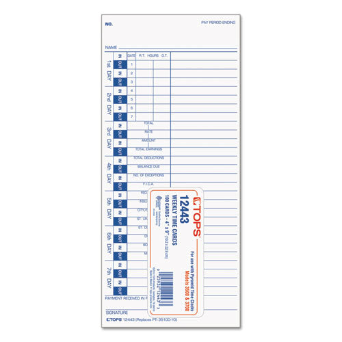 Image of TOPS 12443 Time Clock Cards, Replacement For 35100-10, One Side, 4 X 9, 100/pack