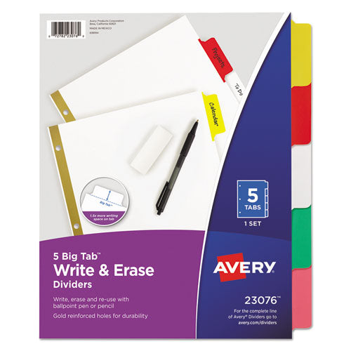 Image of Avery® 23076 Write and Erase Big Tab Paper Dividers, 5-Tab, 11 x 8.5, White, Assorted Tabs, 1 Set