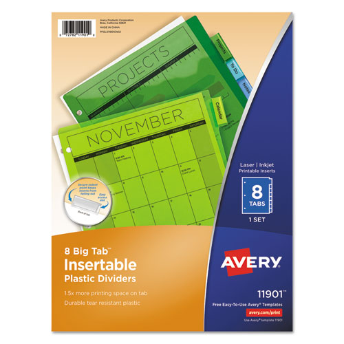 Image of Avery® 11901 Insertable Big Tab Plastic Dividers, 8-Tab, 11 X 8.5, Assorted, 1 Set