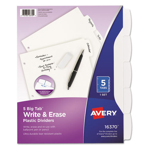 Image of Avery® 16370 Write and Erase Big Tab Durable Plastic Dividers, 3-Hole Punched, 5-Tab, 11 x 8.5, White, 1 Set