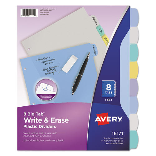 Image of Avery® 16171 Write and Erase Big Tab Durable Plastic Dividers, 3-Hole Punched, 8-Tab, 11 x 8.5, Assorted, 1 Set