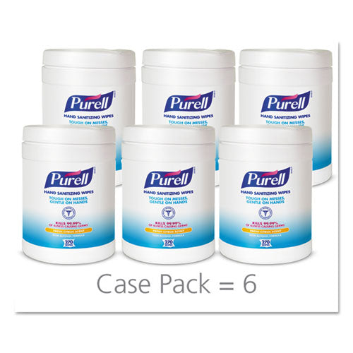 Image of PURELL® 9113-06 Sanitizing Hand Wipes, 6.75 x 6, Fresh Citrus, White, 270/Canister, 6 Canisters/Carton