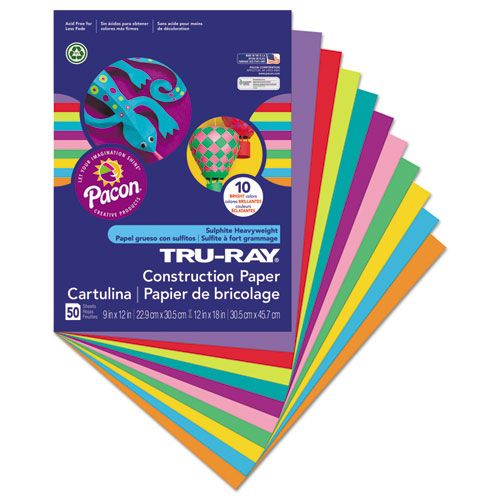Image of Pacon® P102940 Tru-Ray Construction Paper, 76 lb Text Weight, 9 x 12, Assorted Bright Colors, 50/Pack