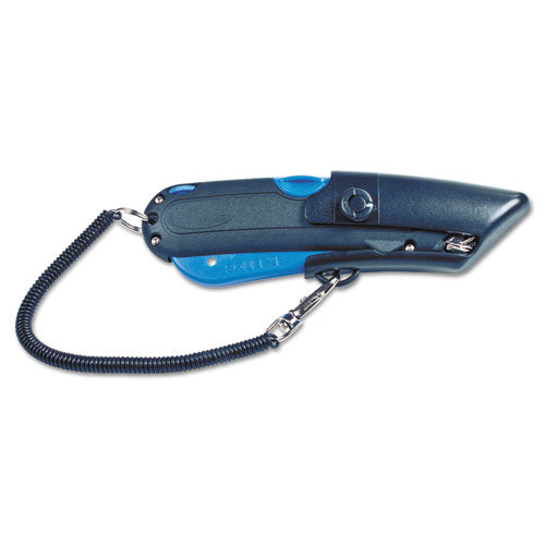 Image of COSCO 091524 Easycut Self-Retracting Cutter with Safety-Tip Blade, Holster and Lanyard, 6" Plastic Handle, Black/Blue