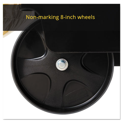 Image of Rubbermaid® Commercial FG617388BLA Multi-Shelf Cleaning Cart, Plastic, 4 Shelves, 1 Bin, 20" x 45" x 38.25", Black