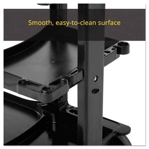 Image of Rubbermaid® Commercial FG617388BLA Multi-Shelf Cleaning Cart, Plastic, 4 Shelves, 1 Bin, 20" x 45" x 38.25", Black