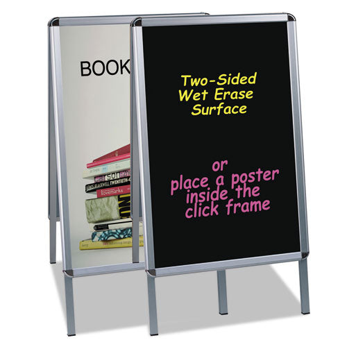 Image of MasterVision® DKT30505072 Reversible Wet Erase Sign Board, Black 23" x 33" Surface, Satin Aluminum Frame, 24" x 24" x 42"