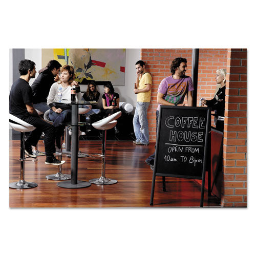 Image of MasterVision® DKT30505072 Reversible Wet Erase Sign Board, Black 23" x 33" Surface, Satin Aluminum Frame, 24" x 24" x 42"