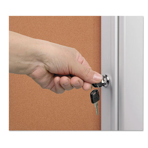 Image of MasterVision® VT630101690 Slim-Line Enclosed Cork Bulletin Board with One Door, 28" x 38", Tan Surface, Satin Aluminum Frame